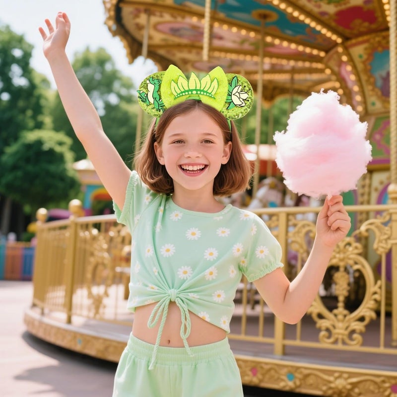 ETLUK Mouse Ears Headband，Princess Green Mouse Ears for Adult Women Girls, Frog Parks Ears with Sequin Bow for Cosplay Accessories Party - Image 5